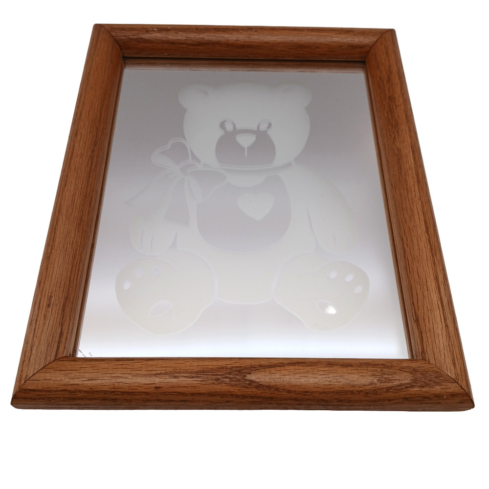 Etched Glass Teddy Bear Panel in Wood Frame 10x12 Nursery Wall Art Decor Gift